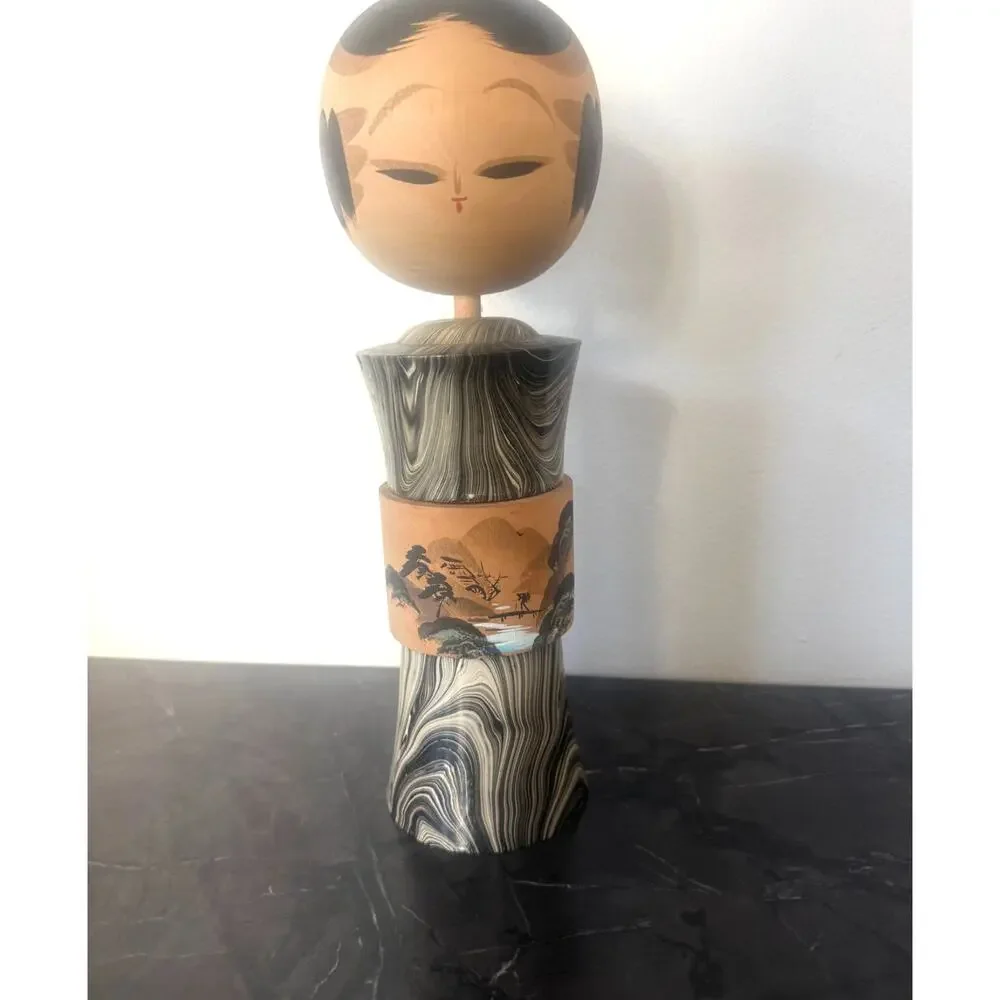 Vintage Japanese Kokeshi Doll Hand Painted Marbled Wood 13.5” Decor